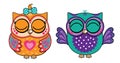 Set cute funny owls. Forest bird or animal. Decorative and style toy, doll. Wonderland. Magic, fabulous story. Royalty Free Stock Photo