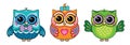 Set cute funny owls. Forest bird or animal. Decorative and style toy, doll. Wonderland. Magic, fabulous story. Royalty Free Stock Photo