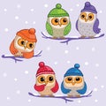 Set cute funny owls or sparrows in the winter snow forest. Birds in hats on tree branch. Seamless children`s cartoon illustration.