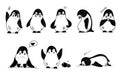 A set with cute funny penguins with different emotions, black and white illustrations in a hand-drawn style.