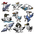 Set of cute and funny seagull character in different situation Royalty Free Stock Photo