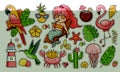 Set of cute funny summer stickers. Mermaid with cocktail, flamingo, parrot, hummingbird, crab in the crown, tropical