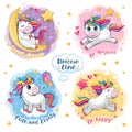 Set of cute funny unicorns. Cartoon and fabulous illustration with beautiful little pony, butterfly, star, moon and heart. Sticker Royalty Free Stock Photo