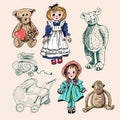 Set of cute funny vintage toys monkey, teddy bears, dolls. Antique toys of the last century for kids. Vector hand drawn