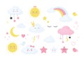 Set of cute and funny weather signs and icons clouds stars rainbows thunder moon sun rain eyelashes bird on white Royalty Free Stock Photo