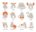 Set of cute funny zodiac cats. Twelve zodiacal signs. Aries taurus gemini cancer leo virgo libra scorpio sagittarius Royalty Free Stock Photo