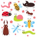 Set of cute garden insects, bugs. Snail, butterfly, stag-beetle, dragonfly, worm, ladybug, bee, rhinoceros beetle, ant Royalty Free Stock Photo