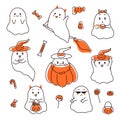 Set of cute ghost in doodle style. Collection of flying spirit. Halloween symbol. Cartoon spooky baby character. Vector