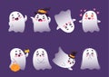 Set Of Cute Ghosts, Cartoon Halloween Characters. Funny Kawaii Spooks Creatures In Festive Hats With Candies