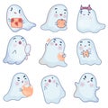 Set of cute ghosts on a white background. Kawaii Ghost with Halloween pumpkin. Royalty Free Stock Photo