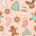 Set of cute gingerbread cookies for christmas. Isolated on white background. Vector seamless pattern. Royalty Free Stock Photo