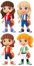 Set of cute girl baseball player cartoon character with diffrent hair colour