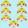 Set of cute girl emotion faces on cyan background Royalty Free Stock Photo