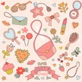 Set of Cute Girl's Stuffs vector drawings. Vector illustrations with line in pretty pink color scheme. Girly graphic