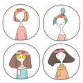 Set of cute girls character design, Cute girl stamp. Royalty Free Stock Photo