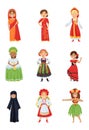 Flat vector set of cute girls in different national costumes. Smiling kids in traditional clothes of various countries Royalty Free Stock Photo