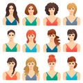 Set of cute girls women with different hairstyles and color vector illustration isolated Cartoon flat icons