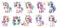 set of cute glitter Unicorn Sticker on transparent Background, generated ai