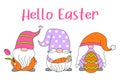 Set cute gnomes with eggs, carrot, tulip for Easter and spring. Happy Easter. Doodle cartoon style.