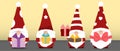 Set of cute Gnomes or Santa Claus cartoon characters wearing red hats holding colorful gift boxes isolated on background. Royalty Free Stock Photo