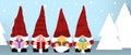 Set of cute Gnomes or Santa Claus cartoon characters wearing red hats holding colorful gift boxes on light blue background. Royalty Free Stock Photo