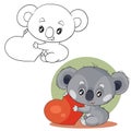 Set of cute gray koala characters holding in their paws a big red heart wants to give it in color and in outline, green Royalty Free Stock Photo