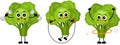 Set of cute green broccolis mascot making gym Royalty Free Stock Photo