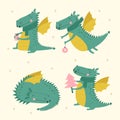 Set with cute green dragon. Vector illustrations Royalty Free Stock Photo