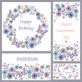 Set of cute greeting card with butterflies and hearts for birthday, wedding, congratulation, invitation. Royalty Free Stock Photo