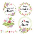 Set of cute greeting design elements for Mother`s Day floral wreath flowers hearts banners ribbon lettering. Vector Royalty Free Stock Photo