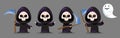 Set of cute Grim reaper . Halloween cartoon characters . Vector