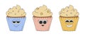 Set of cute groovy cupcakes with whipped cream. Cartoon characters in trendy retro style.