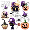 Cute Halloween illustrations with owl, black cat and spider Royalty Free Stock Photo