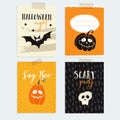 Set of cute Halloween party cards, invitations with pumpkins, human skull and bat. Hand drawn vector illustration