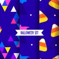 Set of cute halloween patterns with candy corns, bat and triangles on blue background. Royalty Free Stock Photo