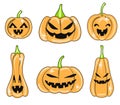 Vector Set of cute halloween pumpkins with scary faces. October stickers in cartoon style. Royalty Free Stock Photo