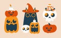 Set of cute Halloween vector illustrations. Black cat in witch hat, skull with candies, evil pumpkins. Royalty Free Stock Photo