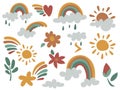 A set of cute hand drawings rainbow, sun, cloud, star, weather in boho style. Elements of a clipart with cartoon Royalty Free Stock Photo