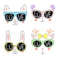 Set of cute hand drawn animal faces in glasses Royalty Free Stock Photo