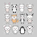 Set of cute hand drawn animals. Funny cartoon characters. Bunny, panda, cat, dog, bear, fox, zebra, deer, mouse, hedgehog, penguin Royalty Free Stock Photo