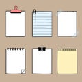 Set of cute hand drawn, blank paper sticky note pad with tape and clip, template, text box Royalty Free Stock Photo