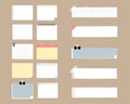 Set of cute hand drawn, blank ripped paper sheet sticky note pad with tape, speech bubble balloon think, speak, talk, template Royalty Free Stock Photo