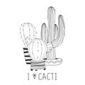 Set of cute hand drawn cacti on white background and hand lettering