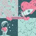 Set of cute hand drawn card and seamless patterns for valentine's day design