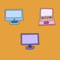 Set of cute hand drawn cartoon computers for business. Monitor, laptop with keyboard. Device for office, working at home or at Royalty Free Stock Photo