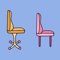 Set of cute hand drawn cartoon office chairs with comfortable and soft back, wheels and straight legs. Vector clipart illustration Royalty Free Stock Photo