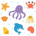 Set of cute hand drawn cartoon sea animals. Underwater world. Undersea life. Ocean creatures Royalty Free Stock Photo