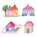 Set of cute hand drawn country house with window, chimney. Cozy village hutches with tree, fence, flowers for kid's Royalty Free Stock Photo