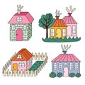 Set of cute hand drawn country house with window, chimney. Cozy village hutches with tree, fence, flowers for kid's Royalty Free Stock Photo