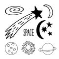 Set of cute hand drawn doodle space elements. Saturn planet, moon, sun, comet, spiral galaxy. Isolated on white background. Vector Royalty Free Stock Photo